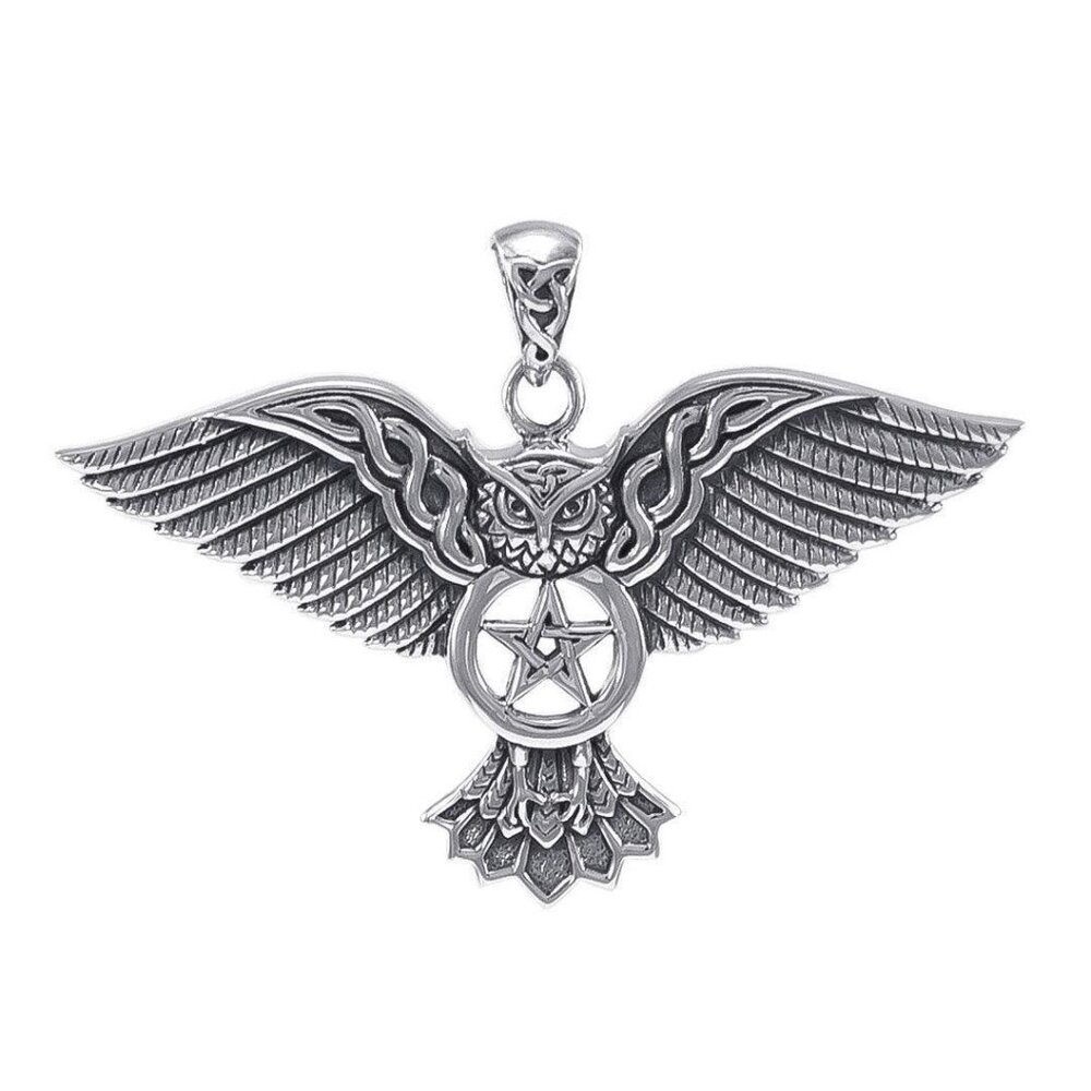 Large Celtic Owl Pentacle Pendant solid .925 Sterling Silver Peter Stone